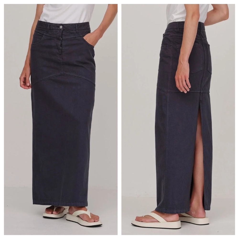 NWT Herskind Nikita Skirt Denim Long Straight Back Slit in Ebony Blue
